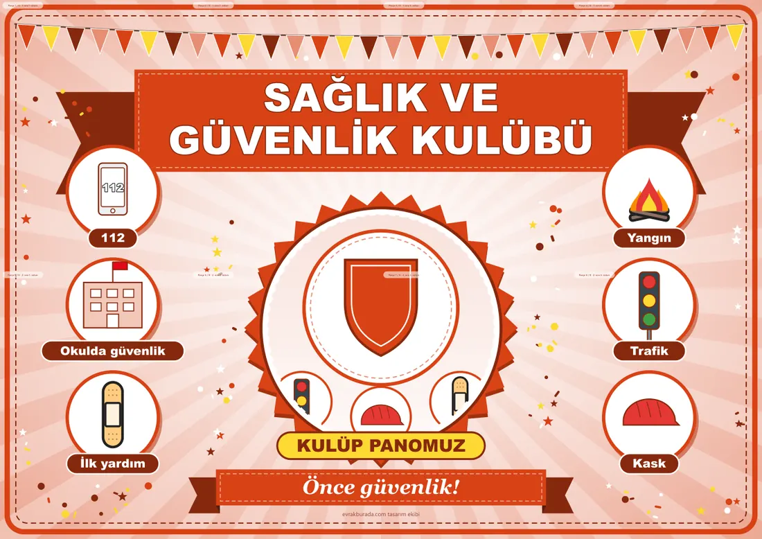 Sağlık ve Güvenlik Kulübü Pano Şeridi ve 6 Bilgi Posteri (8 parça · 84 × 59 cm) birleşik görünüm