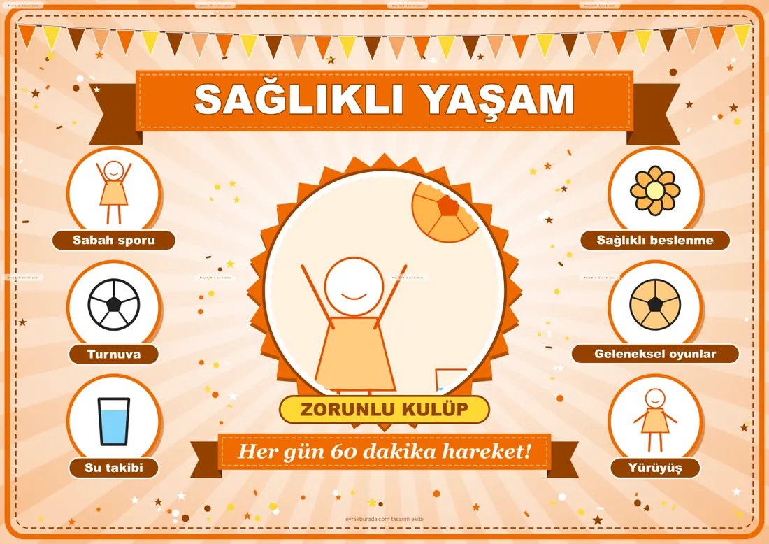 Sağlıklı Yaşam ve Fiziksel Aktivite Kulübü Pano Şeridi ve 6 Bilgi Posteri (8 parça · 84 × 59 cm) birleşik görünüm