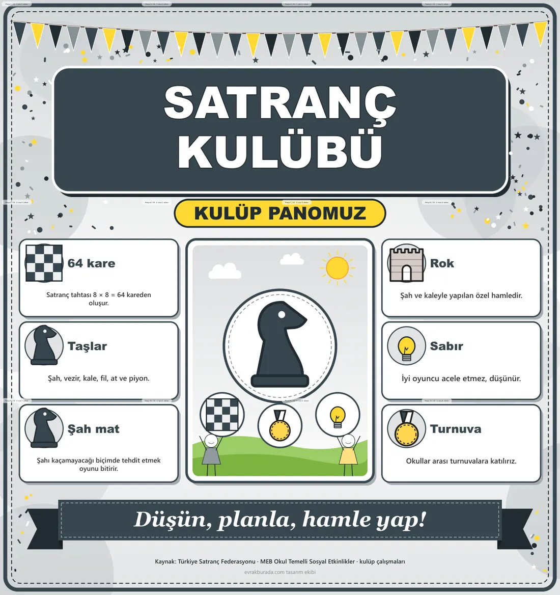 Satranç Kulübü Dev Panosu (12 parça · 84 × 89 cm) birleşik görünüm