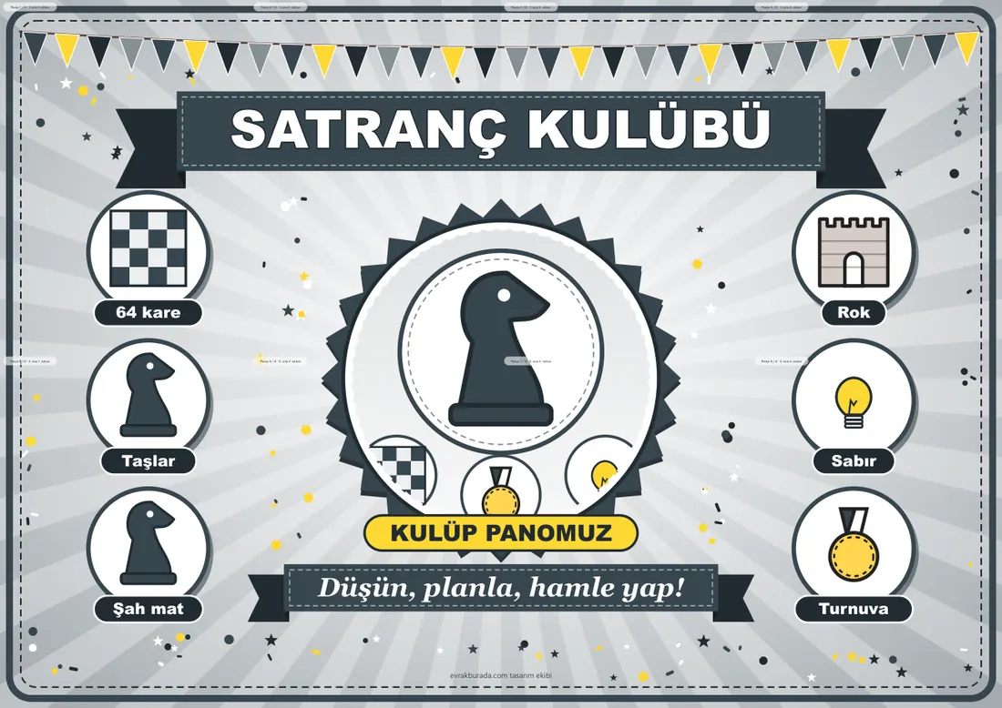 Satranç Kulübü Pano Şeridi ve 6 Bilgi Posteri (8 parça · 84 × 59 cm) birleşik görünüm