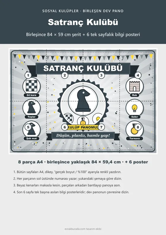 Satranç Kulübü Pano Şeridi ve 6 Bilgi Posteri (8 parça · 84 × 59 cm) kapağı