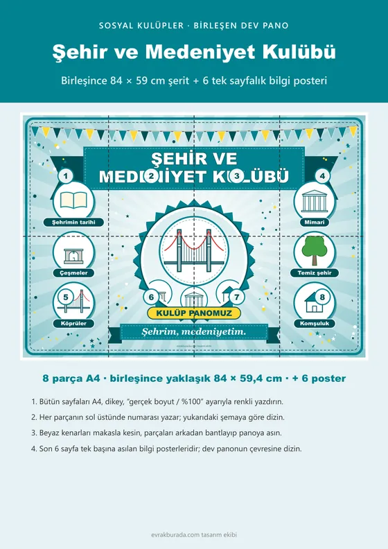 Şehir ve Medeniyet Kulübü Pano Şeridi ve 6 Bilgi Posteri (8 parça · 84 × 59 cm) kapağı