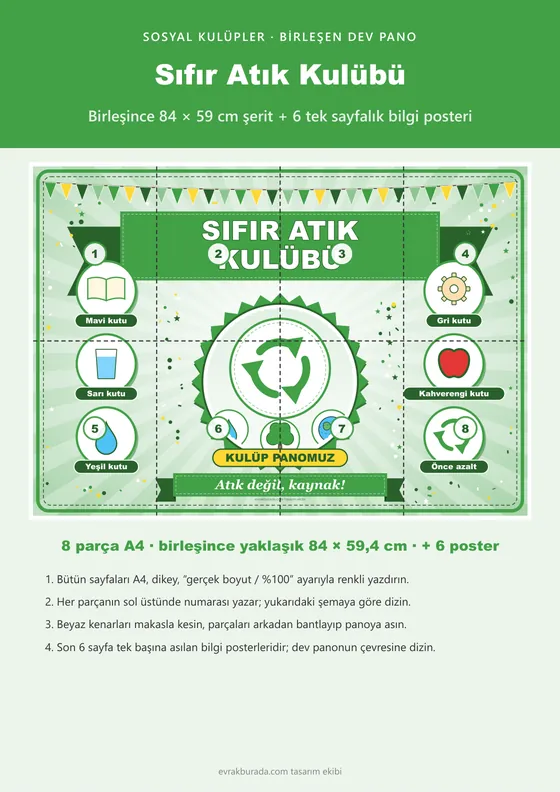 Sıfır Atık Kulübü Pano Şeridi ve 6 Bilgi Posteri (8 parça · 84 × 59 cm) kapağı