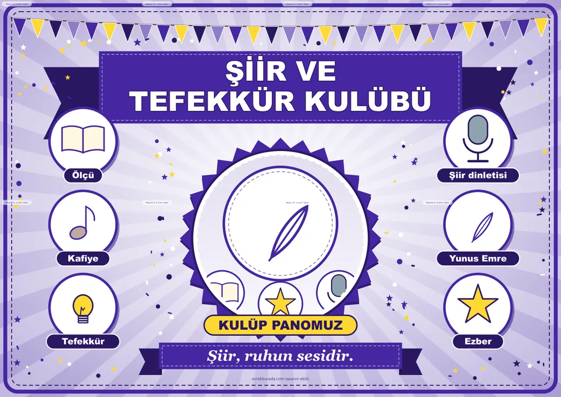 Şiir ve Tefekkür Kulübü Pano Şeridi ve 6 Bilgi Posteri (8 parça · 84 × 59 cm) birleşik görünüm