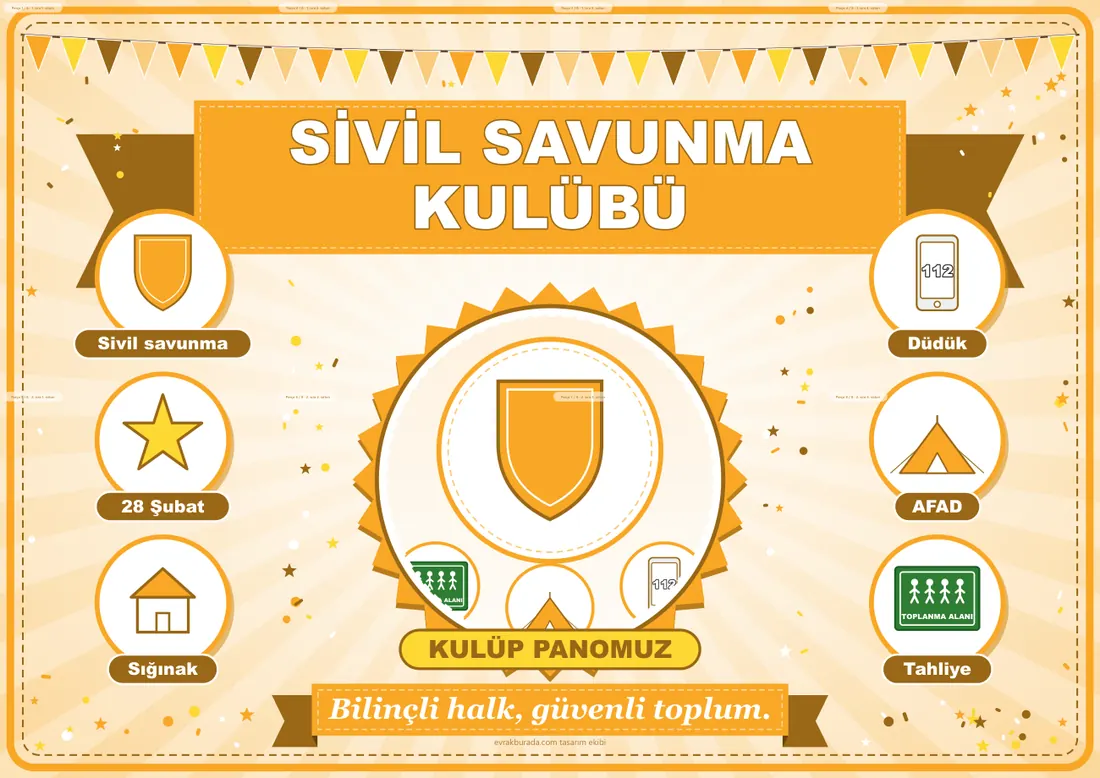 Sivil Savunma Kulübü Pano Şeridi ve 6 Bilgi Posteri (8 parça · 84 × 59 cm) birleşik görünüm