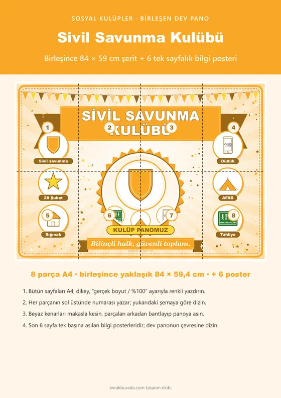 Sivil Savunma Kulübü Pano Şeridi ve 6 Bilgi Posteri (8 parça · 84 × 59 cm) kapağı