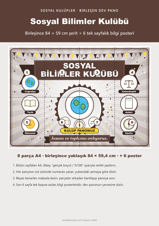 Sosyal Bilimler Kulübü Pano Şeridi ve 6 Bilgi Posteri (8 parça · 84 × 59 cm) kapağı