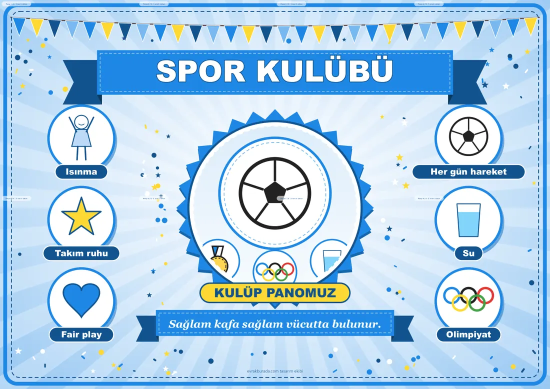 Spor Kulübü Pano Şeridi ve 6 Bilgi Posteri (8 parça · 84 × 59 cm) birleşik görünüm