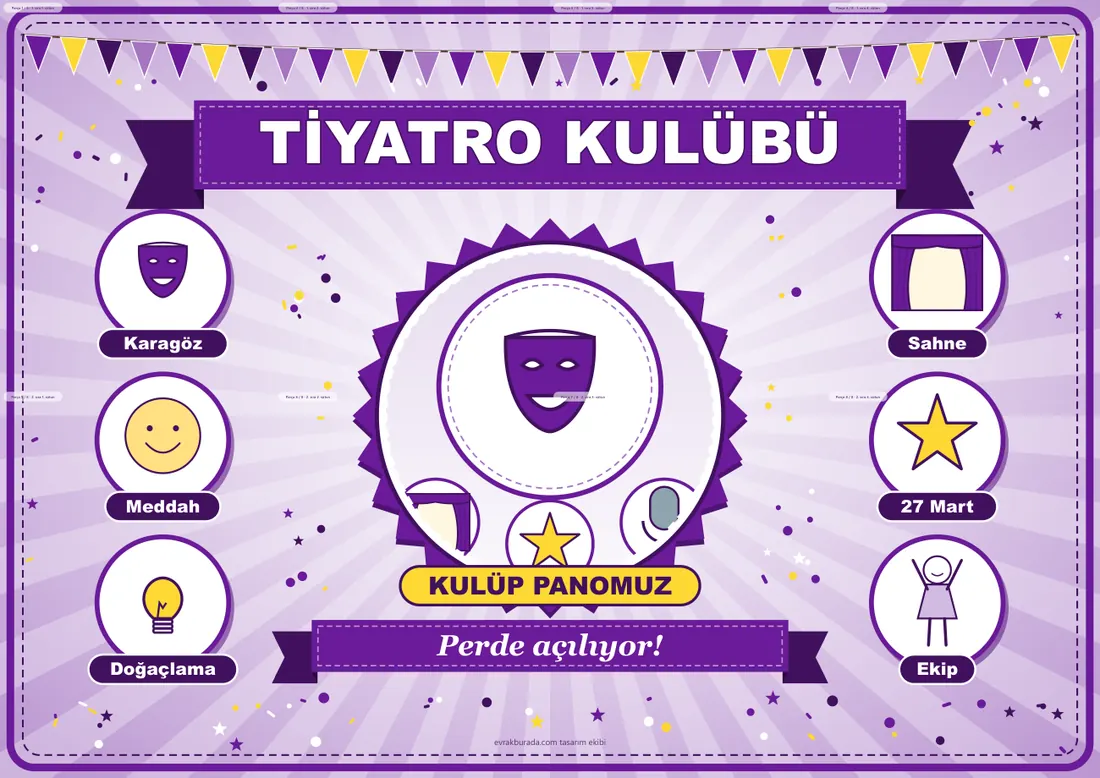 Tiyatro Kulübü Pano Şeridi ve 6 Bilgi Posteri (8 parça · 84 × 59 cm) birleşik görünüm