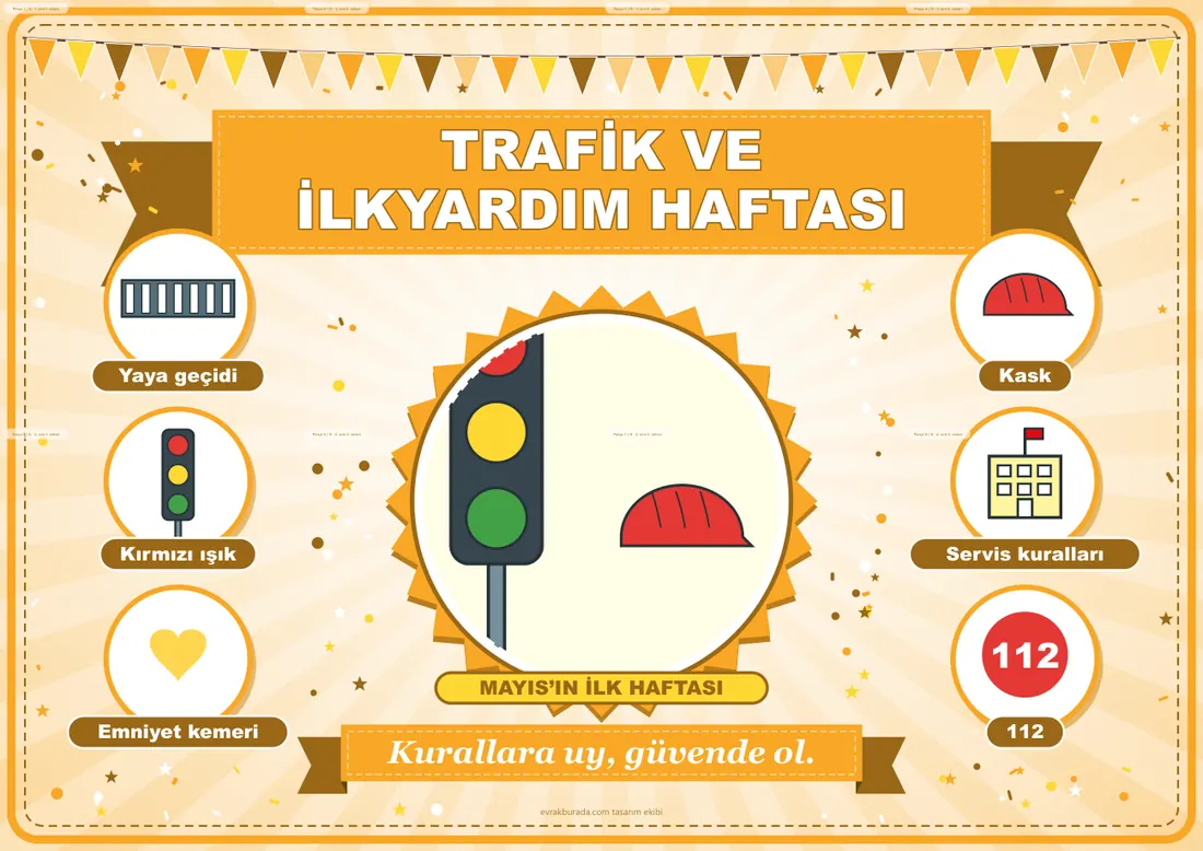 Trafik ve İlkyardım Haftası Pano Şeridi ve 6 Bilgi Posteri (8 parça · 84 × 59 cm) birleşik görünüm