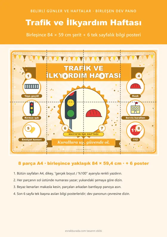Trafik ve İlkyardım Haftası Pano Şeridi ve 6 Bilgi Posteri (8 parça · 84 × 59 cm) kapağı