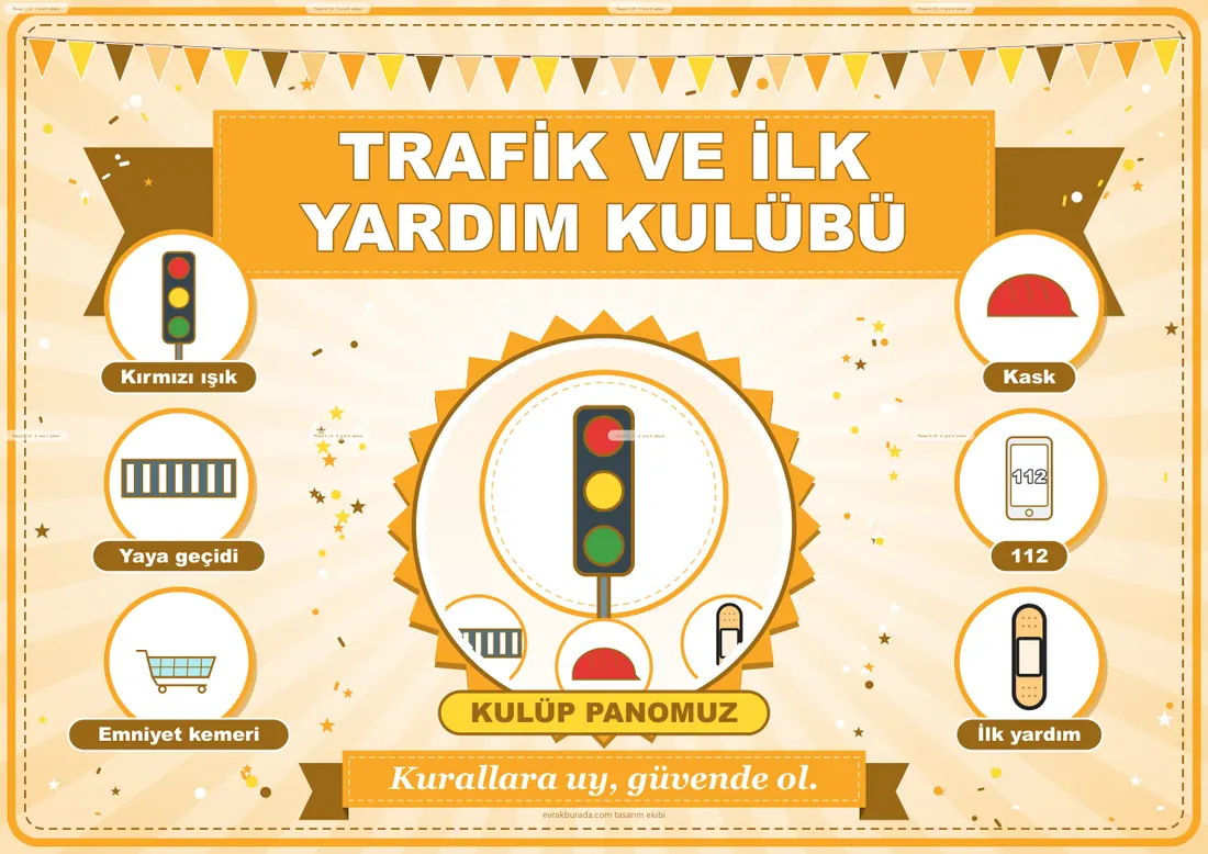 Trafik ve İlk Yardım Kulübü Pano Şeridi ve 6 Bilgi Posteri (8 parça · 84 × 59 cm) birleşik görünüm