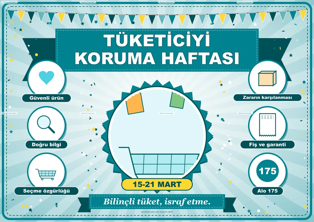 Tüketiciyi Koruma Haftası Pano Şeridi ve 6 Bilgi Posteri (8 parça · 84 × 59 cm) birleşik görünüm