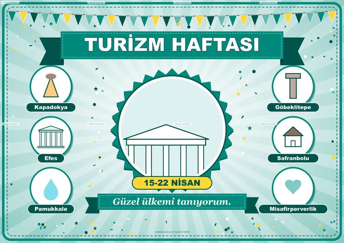 Turizm Haftası Pano Şeridi ve 6 Bilgi Posteri (8 parça · 84 × 59 cm) birleşik görünüm