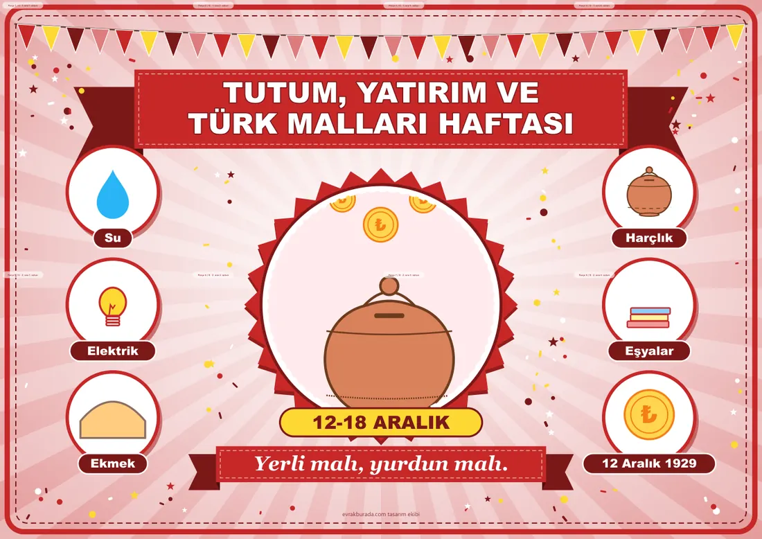 Tutum, Yatırım ve Türk Malları Haftası Pano Şeridi ve 6 Bilgi Posteri (8 parça · 84 × 59 cm) birleşik görünüm