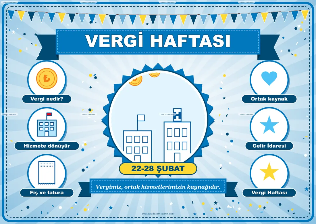 Vergi Haftası Pano Şeridi ve 6 Bilgi Posteri (8 parça · 84 × 59 cm) birleşik görünüm
