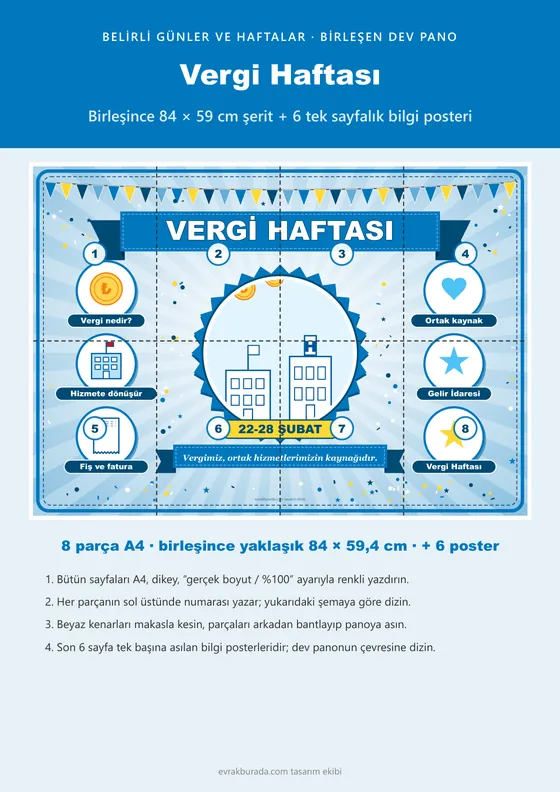 Vergi Haftası Pano Şeridi ve 6 Bilgi Posteri (8 parça · 84 × 59 cm) kapağı