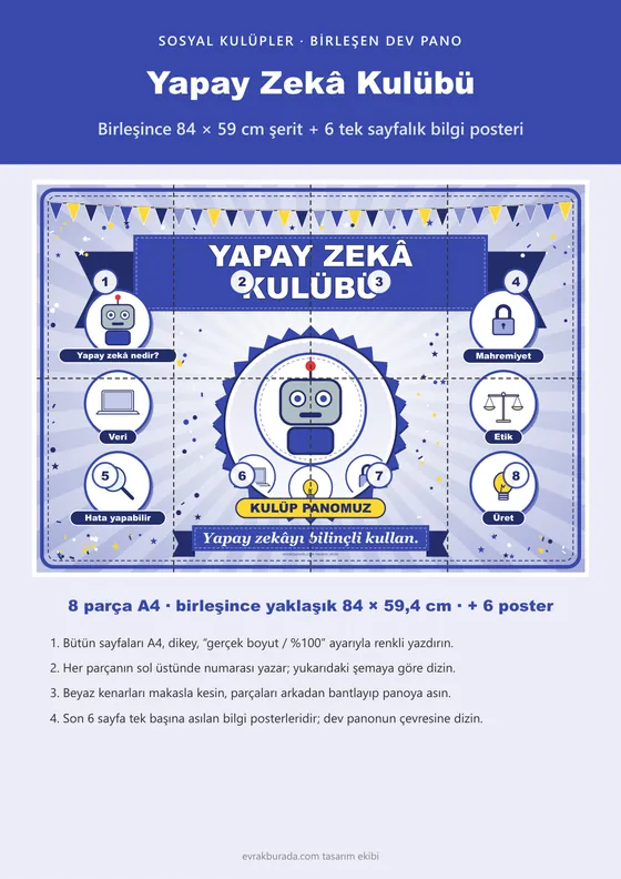 Yapay Zekâ Kulübü Pano Şeridi ve 6 Bilgi Posteri (8 parça · 84 × 59 cm) kapağı