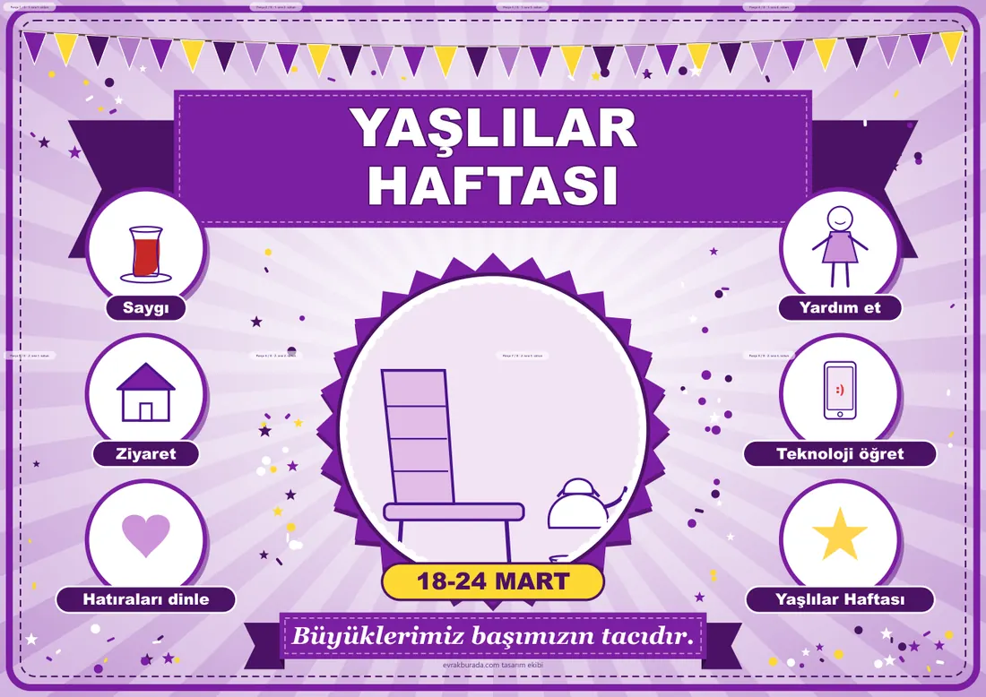 Yaşlılar Haftası Pano Şeridi ve 6 Bilgi Posteri (8 parça · 84 × 59 cm) birleşik görünüm