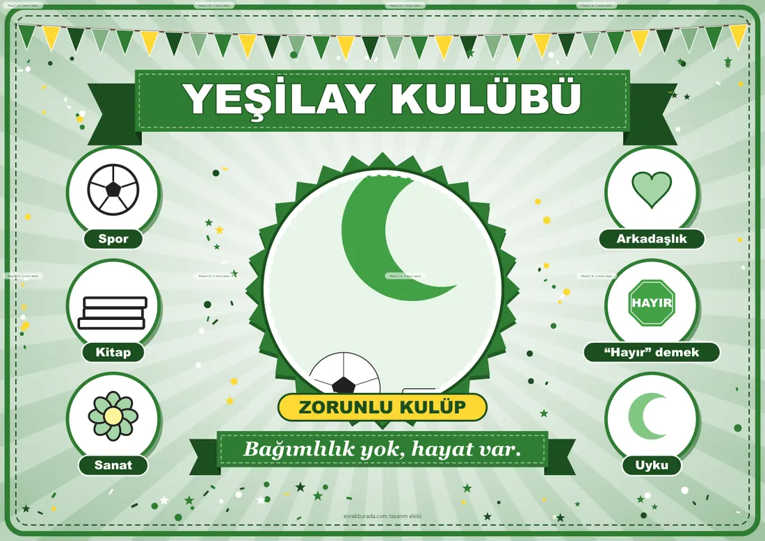 Yeşilay Kulübü Pano Şeridi ve 6 Bilgi Posteri (8 parça · 84 × 59 cm) birleşik görünüm