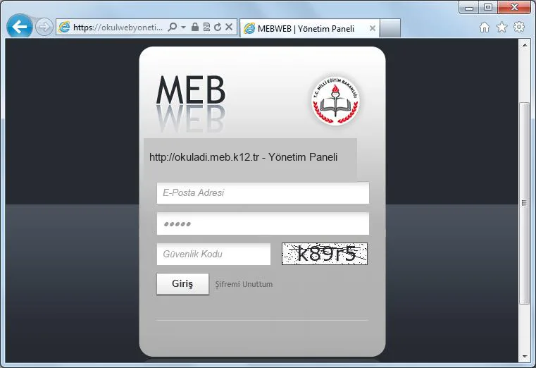 MEB okul web sitesi yönetim paneli giriş ekranı: e-posta adresi, şifre ve güvenlik kodu alanları