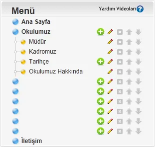 Menü ekranı: Ana Sayfa, Okulumuz ve İletişim ile altı boş ana bağlantı; satırların yanında artı ve kalem simgeleri