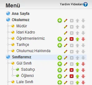 Menü ekranında Sınıflarımız ana bağlantısı; altında Gül Sınıfı, onun altında Sabahçı ve Öğlenci alt bağlantıları