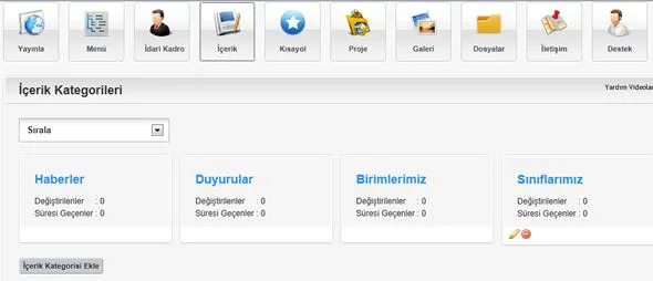 İçerik Kategorileri ekranı: Haberler, Duyurular, Birimlerimiz ve yeni eklenen Sınıflarımız kategorisi; altta İçerik Kategorisi Ekle düğmesi