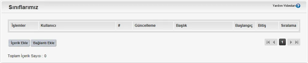 Sınıflarımız kategorisinin içi: İçerik Ekle ve Bağlantı Ekle düğmeleri, henüz içerik yok