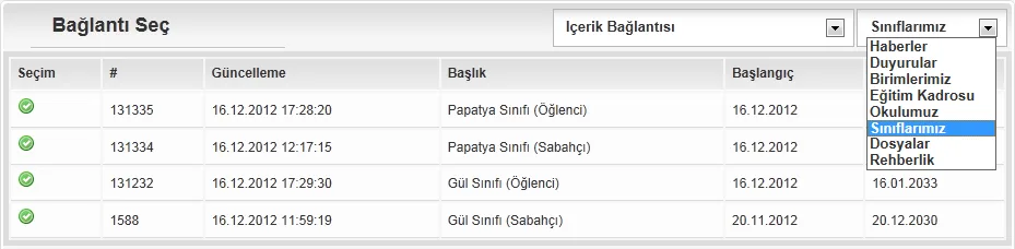 Bağlantı Seç penceresi: İçerik Bağlantısı ve Sınıflarımız kategorisi seçili; listede Gül Sınıfı (Sabahçı) satırı