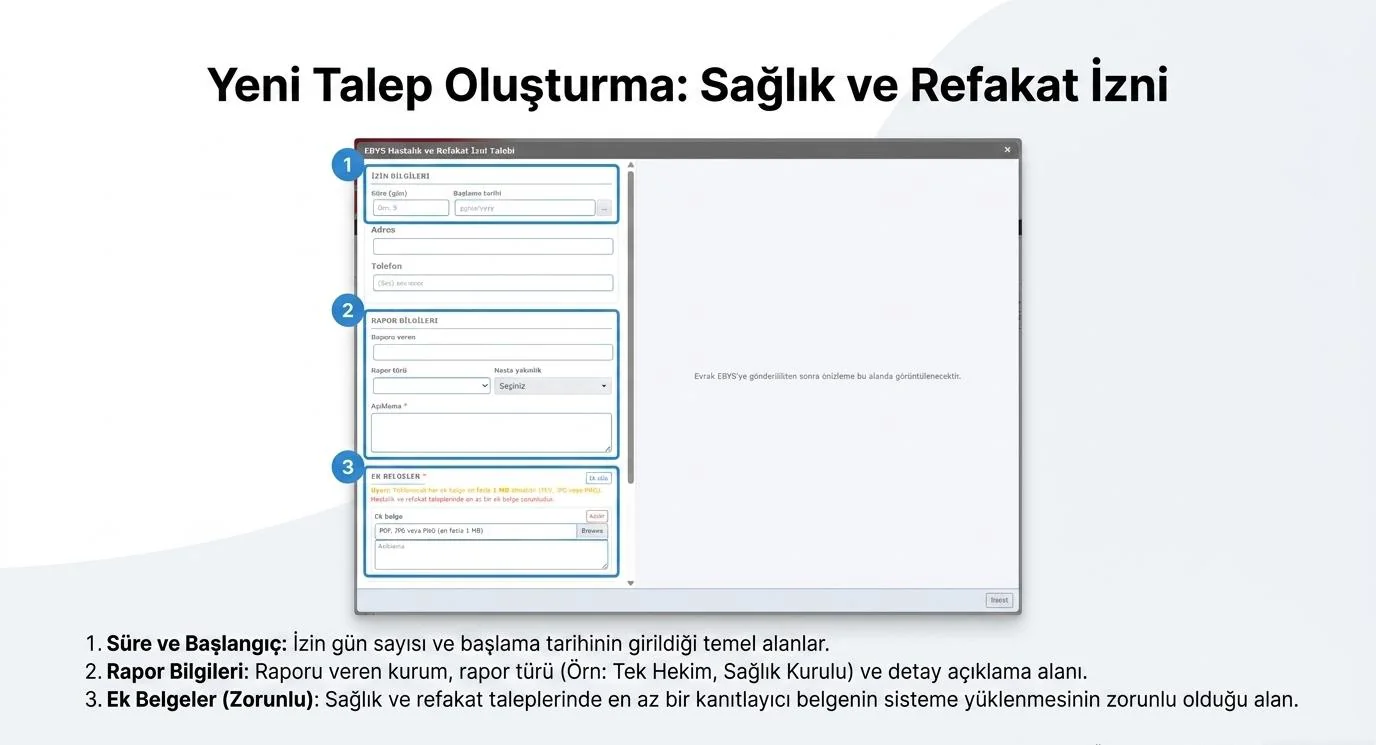 EBYS Hastalık ve Refakat İzni Talebi penceresi: izin bilgileri, rapor bilgileri ve ek belgeler bölümleri