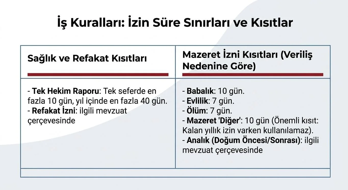 Sağlık-refakat ve mazeret izni türlerine göre azami süreleri gösteren iki sütunlu tablo